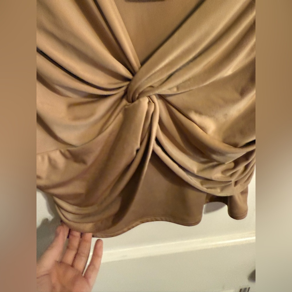 SOLD: Express Tan Twist-Front Body Contouring Shirt NWT - Picture 5 of 8